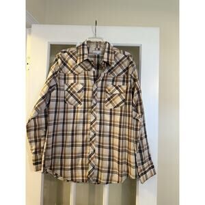 Wrangler Wrancher Shirts Long Sleeve Beige Plaid Pearl Snap Western LARGE